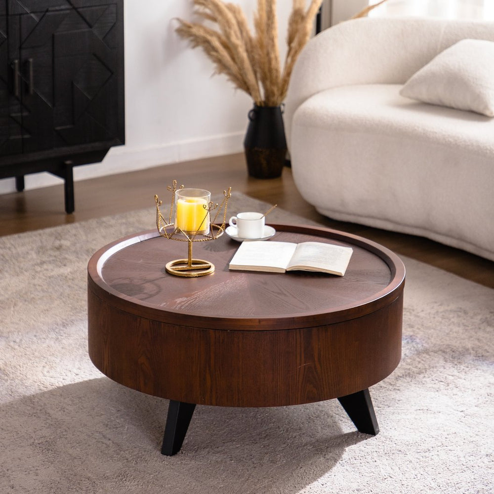 English Elm Round Solid Wood Drum Coffee Table with Hidden Storage Removable Top, Modern Natural Veneer Elegance W3158P355676