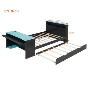 English Elm Full Size Wood Platform Daybed with Trundle Desk Rgb Led Lighting Gaming Bedroom Black+Blue LT000284AAC