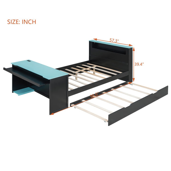 English Elm Full Size Wood Platform Daybed with Trundle Desk Rgb Led Lighting Gaming Bedroom Black+Blue LT000284AAC