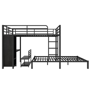 English Elm Queen Over Queen Bunk Bed Frame With Desk, Storage Chairs & Wardrobe – Space-Saving Black Design W1580S00110-GIGA