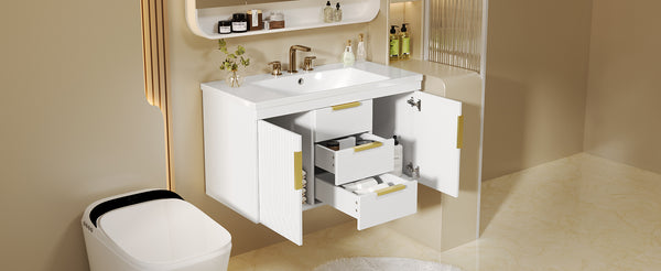 English Elm 36'' Wall Mounted Bathroom Vanity with Sink, Floating MDF Cabinet, 2 Drawers, Rust-Resistant Handles White N710P253035K