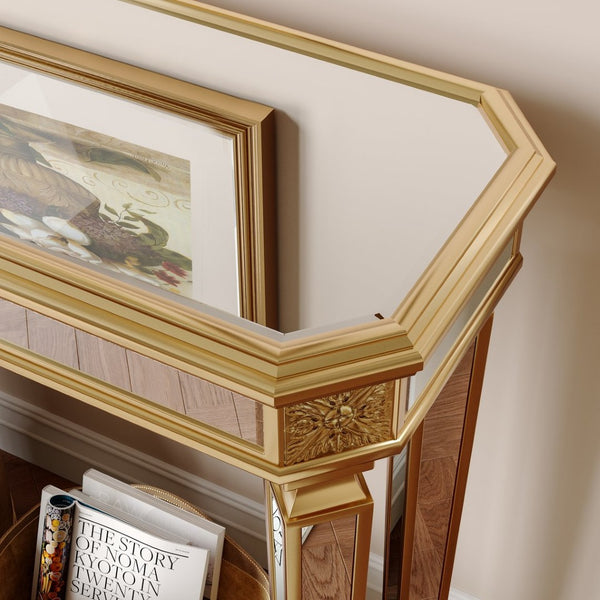 English Elm Mirror Console Table Gold Carved Frame Entryway Accent with Reflective Mirrored Panels W1445P407834