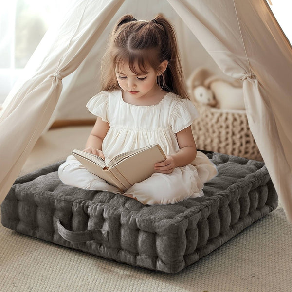 English Elm 1- Piece Tufted Chenille Floor Cushion with Scalloped Edge for Bohemian Living Spaces Charcoal B035P482971