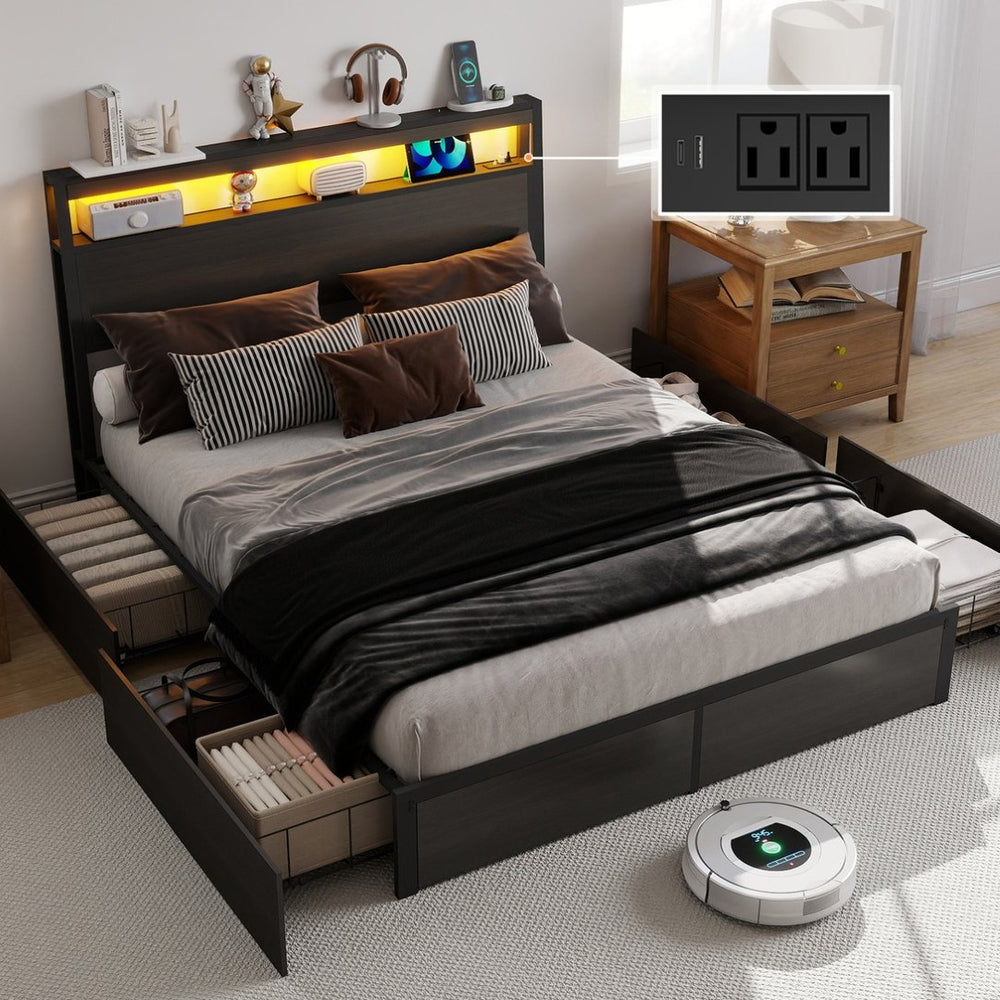 English Elm Queen Metal Platform Bed Rgb Led Headboard Charging Ports Under Storage 800lb T3963P491434