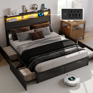 English Elm Queen Metal Platform Bed Rgb Led Headboard Charging Ports Under Storage 800lb T3963P491434