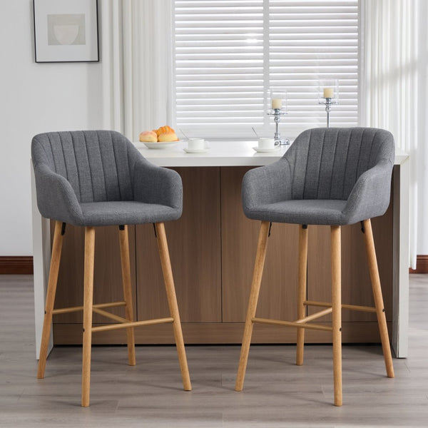 English Elm Modern Linen Upholstered Barstools with Oak Legs Armrests and Footrest for Kitchen Islands Gray W395P396316