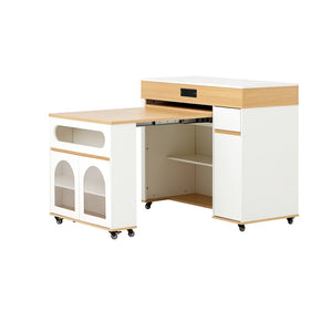 English Elm Trexm Rolling Kitchen Island Extendable Marble Top Cabinet Drawers Power Outlet Creamy White,Natural XW000029AAN