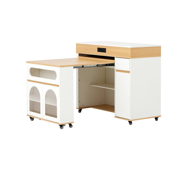English Elm Trexm Rolling Kitchen Island Extendable Marble Top Cabinet Drawers Power Outlet Creamy White,Natural XW000029AAN