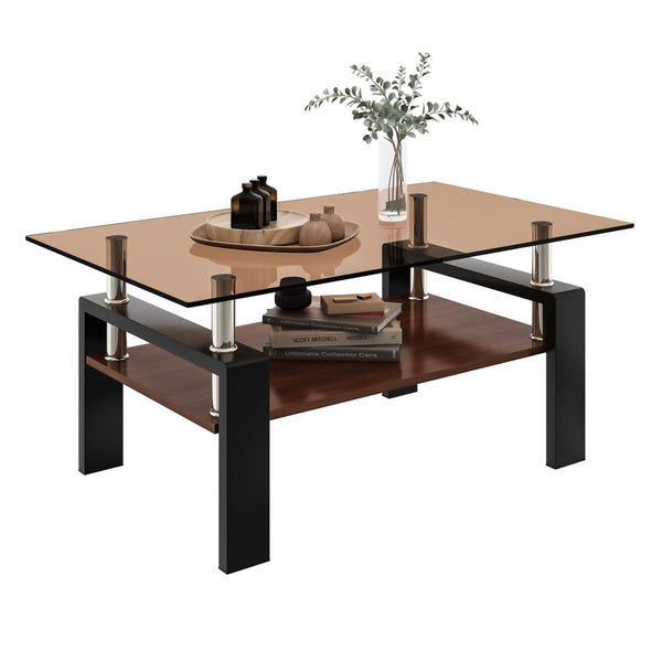 English Elm Rectangle Coffee Table - Modern Tempered Glass Top With Mdf Shelf, Stylish Living Room Centerpiece W241P181459-GIGA