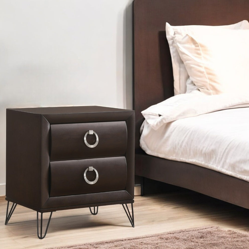 English Elm Tablita Two Drawer Nightstand with V-leg Base and Dark Merlot Rubberwood Finish B2726P411559