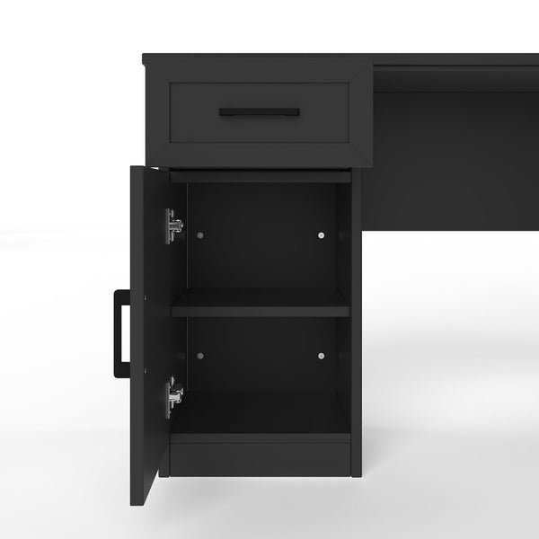 English Elm L-shaped Home Office Desk with Open Shelves Flip Shelf Cabinets and Drawer Storage Black W1580S00493