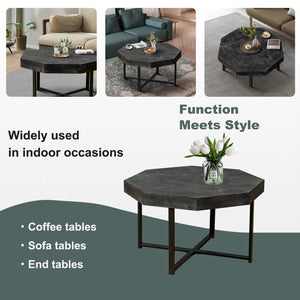 English Elm Wood Octagonal Vintage Patchwork Craft Farmhouse 30-Inch Wooden Table Top with Cross Metal Legs, Stylish Living Room Centerpiece Antique Black W1445P193123