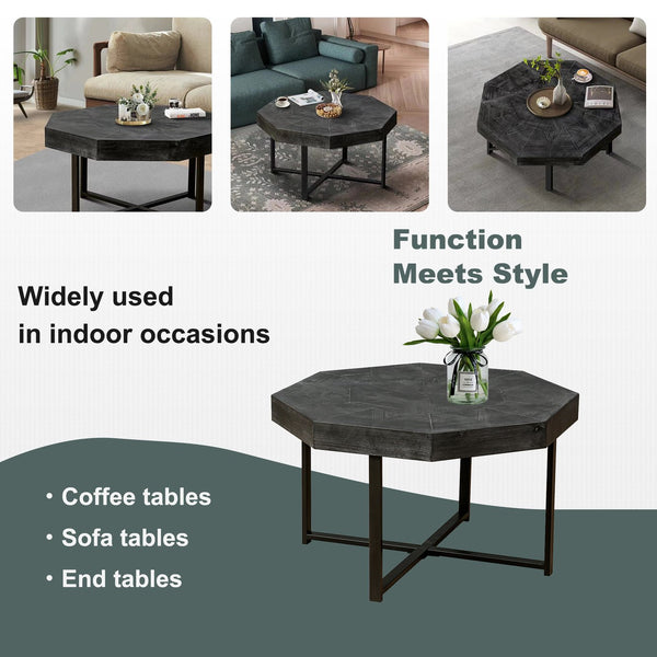 English Elm Wood Octagonal Vintage Patchwork Craft Farmhouse 30-Inch Wooden Table Top with Cross Metal Legs, Stylish Living Room Centerpiece Antique Black W1445P193123