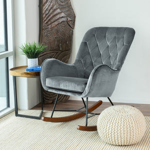 English Elm Ashcroft Furniture - Hannah Mid Century Rocking Chair Dark Grey Velvet Upholstered Metal & Wood Frame — Cozy Calm Retreat B183P231906