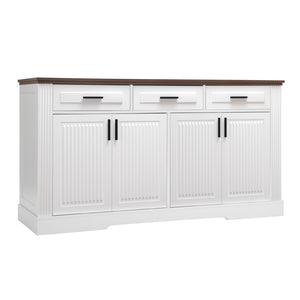 English Elm 63" Fluted Mdf Sideboard with Wood Tone Top Four Doors Three Drawers Dining Storage White W2917S00011