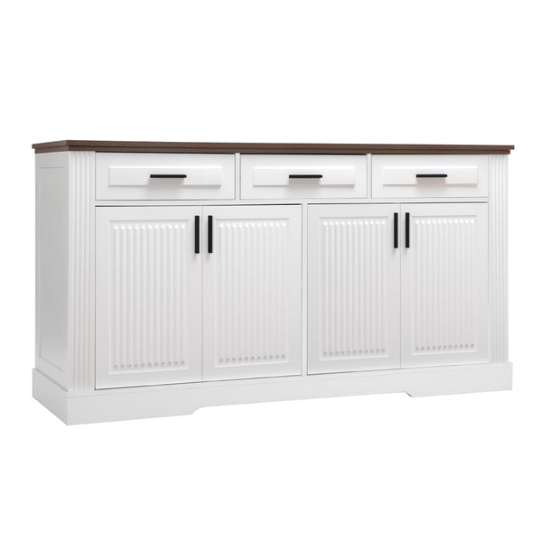 English Elm 63" Fluted Mdf Sideboard with Wood Tone Top Four Doors Three Drawers Dining Storage White W2917S00011
