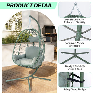 English Elm Hanging Egg Swing Chair Pe Wicker Foldable Frame with Cushion for Patio or Bedroom T5880P497576