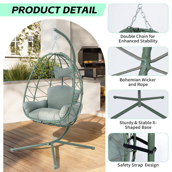 English Elm Hanging Egg Swing Chair Pe Wicker Foldable Frame with Cushion for Patio or Bedroom T5880P497576