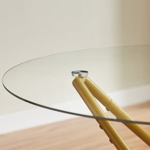 English Elm 35.4-Inch Round Tempered Glass Dining Table – Stylish Gold Finish For 1-4 People, Space-Saving Design W1162P306709