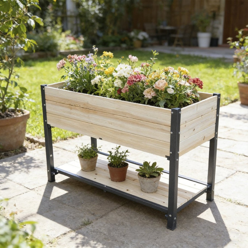 English Elm New Solid Iron and Wood Raised Garden Bed Ergonomic Standing Planter for Patio W1431P470876