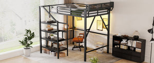 English Elm Full Size Metal Loft Bed with Foldable Desk Staircase Storage and Led Lighting W2580S00072