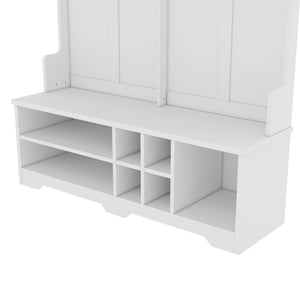 English Elm Modern Entryway Hall Tree with Six Hooks Bench Seat and Open Shoe Cubbies White W1580S00617