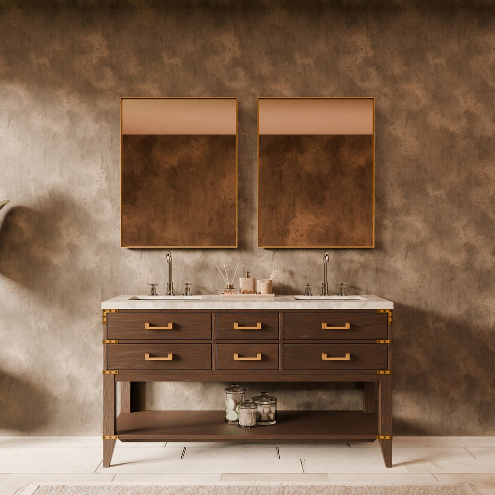 English Elm Brown Oak Double Bath Vanity With Carrara Marble Top - Stylish Storage & Soft-Close Drawers, 60" W B2731P260251