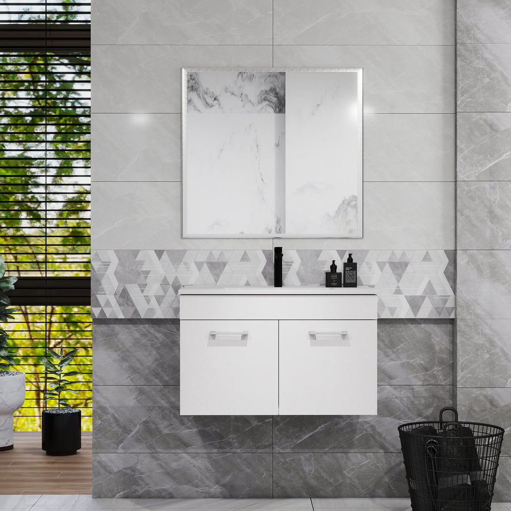 English Elm 32-Inch Bathroom Vanity Combo With Mirror & Sink - Wall-Mounted, Soft-Close Doors, Glossy White Finish W3151S00027