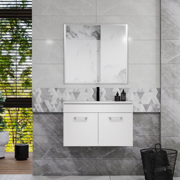 English Elm 32-Inch Bathroom Vanity Combo With Mirror & Sink - Wall-Mounted, Soft-Close Doors, Glossy White Finish W3151S00027