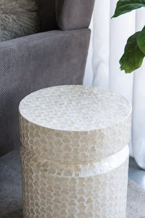 English Elm 14x14x18" Capiz Stool with Ogee Pattern and Brass Base — Modern Geometric Accent Seat for Living Spaces White W2078P326514