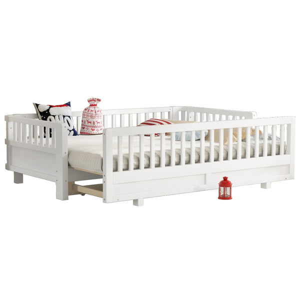 English Elm Twin Xl Platform Bed Frame With Guardrails - Solid Pine Wood, Convertible To Queen, White Finish W1580S00241-GIGA