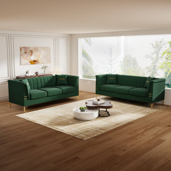 English Elm FX-P82-2PC Velvet Sofa Set of 2, Plush Tufted 3-Seater Sofas with Gold Legs for Stylish Living W576S00242