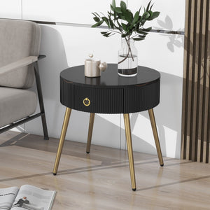 English Elm Φ19.6'' Easy Assembly End Tables With High Gloss Faux Marble Tabletops, Set Of 2, Modern Fluted 2 Side Tables With Drawers, Round Coffee Tables With Golden Legs For Living Room, Black