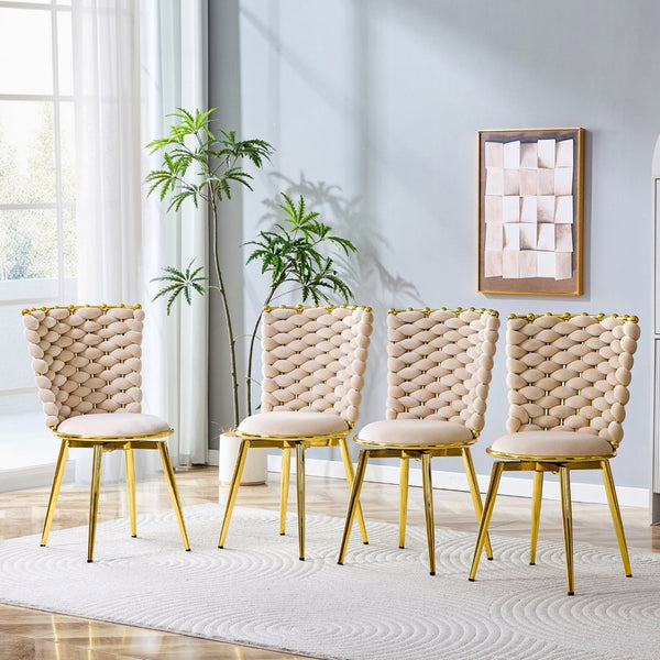 English Elm Set of 2 Velvet Dining Chairs with Braided Rope Backrests and Sculptural Metal Legs Beige W1512P491458