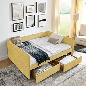 English Elm Queen Boucle Tufted Daybed Sofa with Storage Drawers Eucalyptus Frame Guest Room Yellow W1413S00180