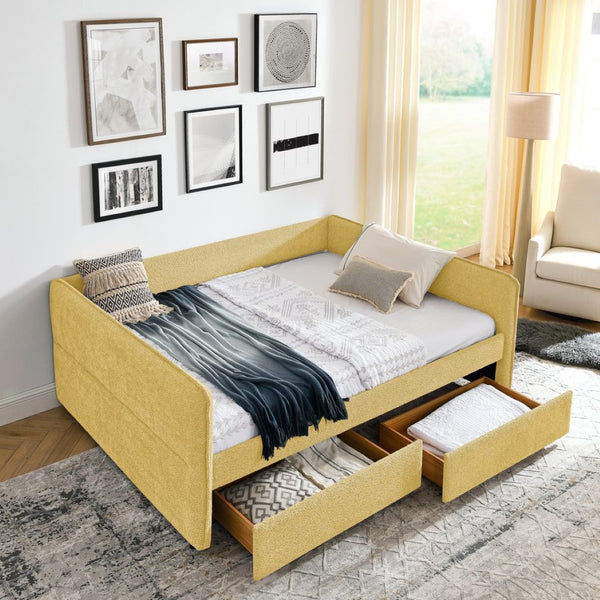 English Elm Queen Boucle Tufted Daybed Sofa with Storage Drawers Eucalyptus Frame Guest Room Yellow W1413S00180