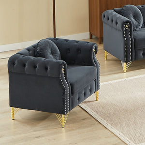 English Elm Velvet Tufted Chesterfield Sofa with Copper Stud Trim and Gold Metal Legs Black W834P423610