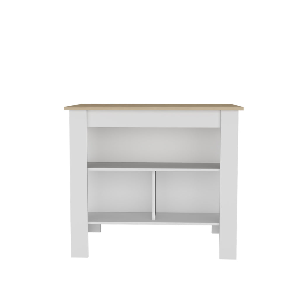 English Elm Aztec Kitchen Island Melamine with Open Shelves, Light Pine/White — Stylish Storage Centerpiece, 35.4"H B128P237143