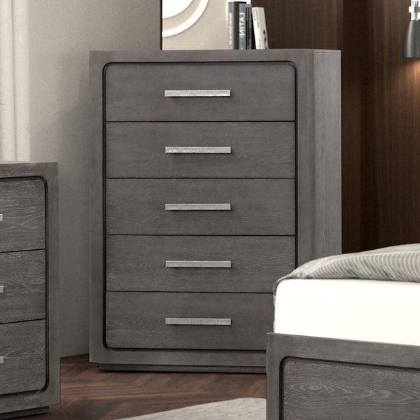 English Elm Unique Contemporary Chest with Cultured Stone Top, Reeded Panels, Silver Accents, Dovetail Drawers and Chrome Legs Warm Grey 42 L x 22 W x 56 H B2741P370873