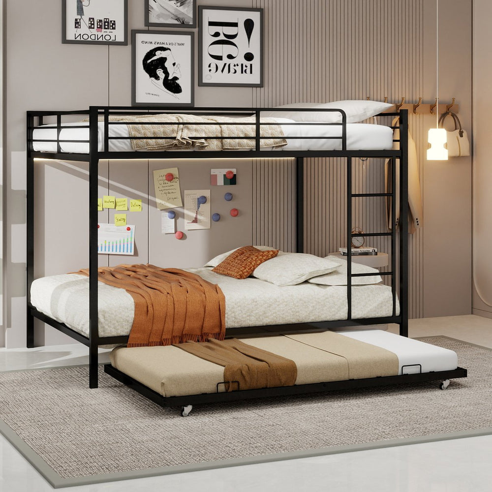 English Elm Durable Square Tube Iron Bunk Bed With Trundle - Modern Minimalist Design For Kids & Guest Rooms W1935P360860