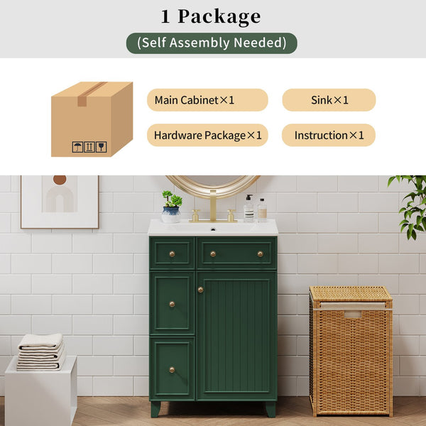 English Elm 24" Forest Green Bathroom Vanity Cabinet with Ceramic Sink, Soft-Close Door, 2 Drawers, Open-Back Access for Easy Plumbing and Durable Solid-Wood Frame N729P264336G