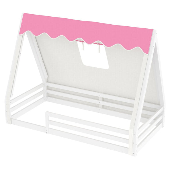 English Elm Twin Montessori Floor Bed Solid Pine Teepee Frame with Guardrails and Canopy Light W1580P369465