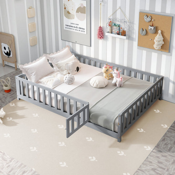 English Elm Full Full Size Floor Platform Bed with Safety Fence and Door, Montessori Toddler Frame with Slats, Sturdy Pine Construction for Secure Sleep and Playtime Grey 77.76 L x 17.52 W x 6.3 H W1716132148