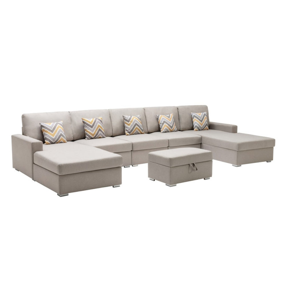 English Elm Nereo Gray Linen Double Chaise Sectional with Storage Ottoman for Spacious Living Beige B2749S00123