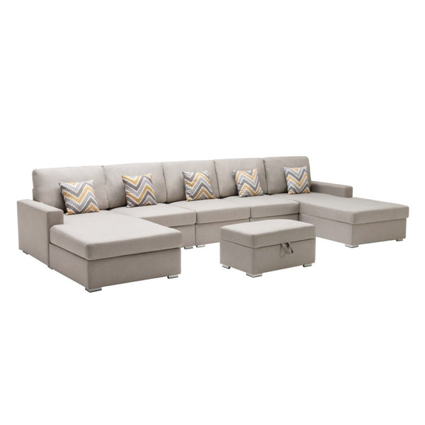English Elm Nereo Gray Linen Double Chaise Sectional with Storage Ottoman for Spacious Living Beige B2749S00123