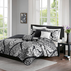 JLA Home Madison Park - 6 Madison Park Vienna Cotton Sateen Quilt Set — Reversible Damask Design with 3 Embroidered Accent Pillows Black MP13-7959