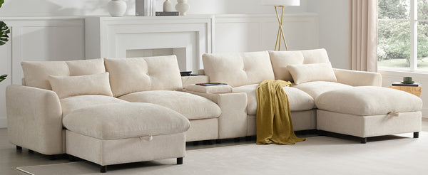 English Elm 142'' Modular Sectional Sofa - 6-Seat U-Shaped Design With Storage Ottoman & Usb Charger N723S9777A-GIGA