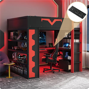 English Elm Full Size Gaming Loft Bed with Desk Rgb Lighting Power Outlet and Storage Drawer Red LT000285AAJ