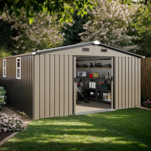 English Elm Campcraft 10x12 Ft Steel Outdoor Storage Shed with Daylight Windows and Weather Resistant Build Brown W1598S00030