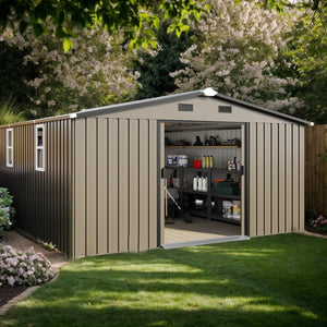 English Elm Campcraft 10x12 Ft Steel Outdoor Storage Shed with Daylight Windows and Weather Resistant Panels Brown W1598S00049